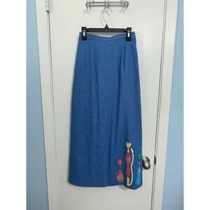 Vintage Stonebridge Linen Blend Maxi Skirt XXS Blue Painted Whimsical Cats Artsy